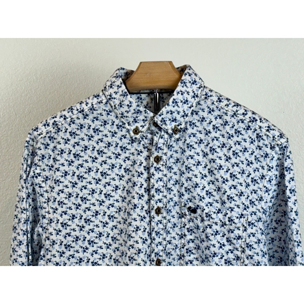 Ferrioni Mens Floral Long Sleeve Button Up Shirt Small Blue/White Casual Coastal